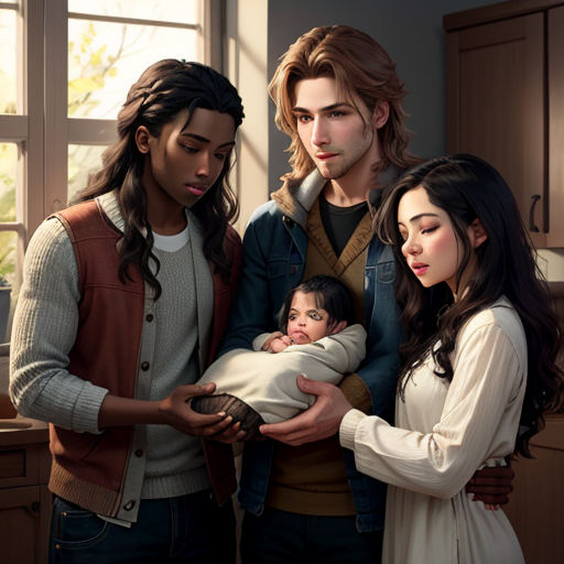 a family is looking at a baby in a blanket in a kitchen with a window behind them and a baby in a blanket
