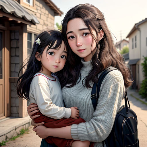 a woman holding a little girl in her arms on a street corner with houses in the background and a house in the background