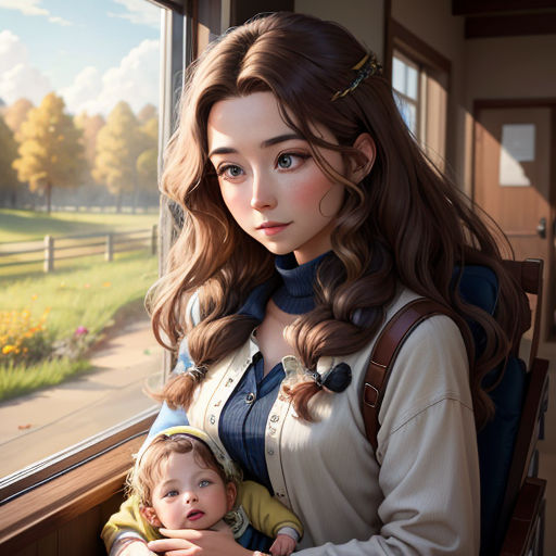 a woman holding a baby looking out a window at a field and flowers outside of a house with a horse