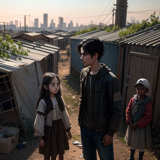 a man and two children standing in a dirt road in front of shacks with a city in the background