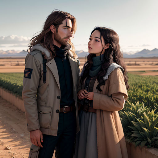 a man and a woman standing next to each other in a field of crops and grass with mountains in the background