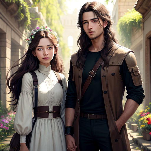 a man and a woman standing next to each other in a courtyard with flowers in the background and a building with a clock tower