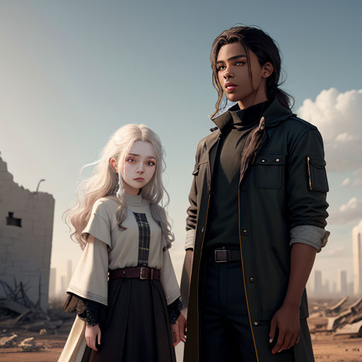 a man and a woman standing next to each other in a desert area with a city in the background