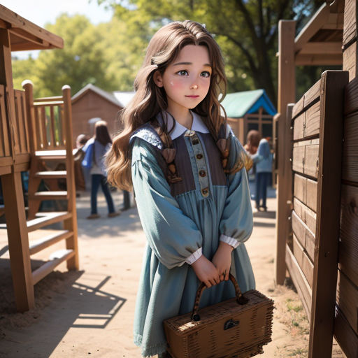 a little girl dressed in a blue dress holding a basket and standing in front of a wooden structure with a playground in the background