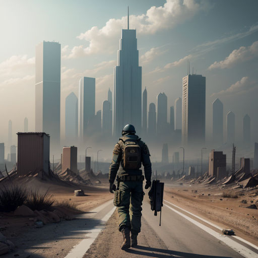 a man walking down a road in front of a city skyline with tall buildings in the distance, with a backpack on his back