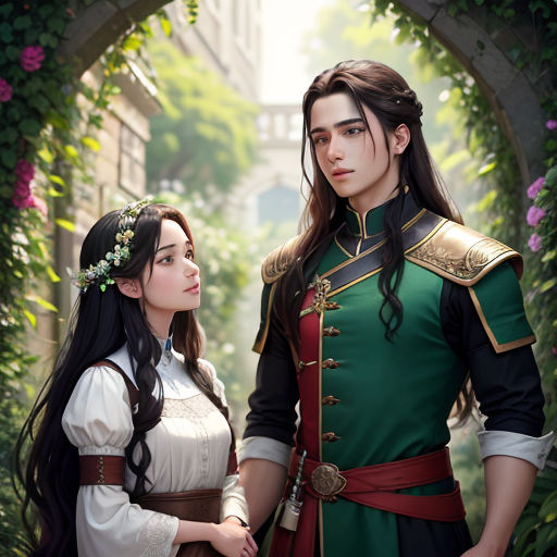 a man and a woman dressed in renaissance clothing standing in front of a garden archway with flowers and greenery
