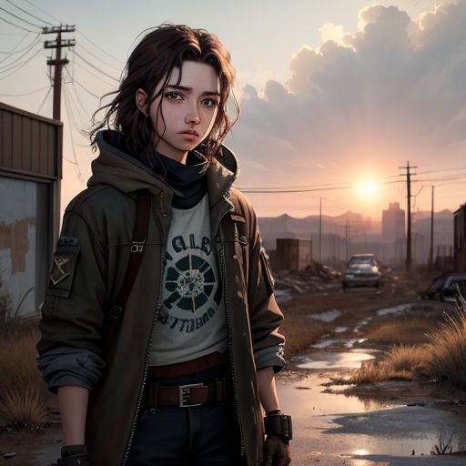 a woman standing in a dirty field with a car in the background and a sunset in the background behind her
