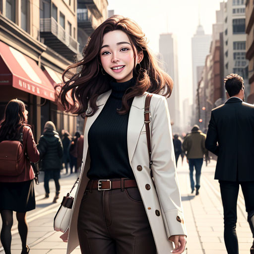 a woman in a black top and brown pants is walking down the street with a tan coat on and a brown purse