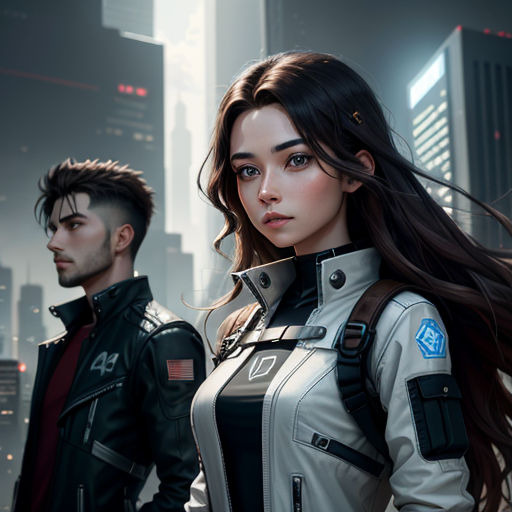 a man and a woman standing in front of a cityscape with skyscrapers in the background, in a futuristic city