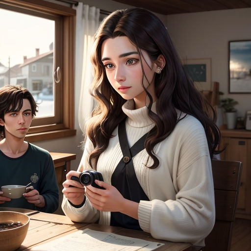 a woman holding a camera next to a boy at a table with a bowl of food on it and a cup of coffee