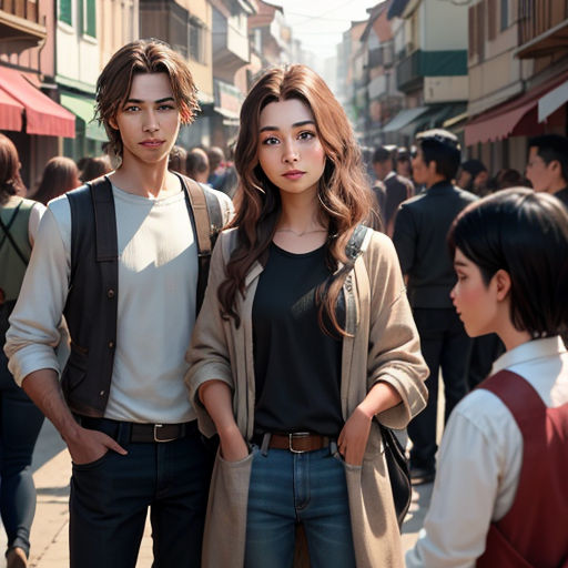 a man and a woman standing next to each other on a street with people walking by them and a red awning
