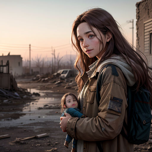 a woman holding a doll in her arms in a dirty area with a building in the background and a puddle of water