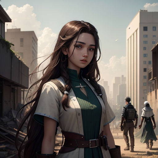 a woman in a green dress standing in a city street with a man in the background and a woman in a white dress
