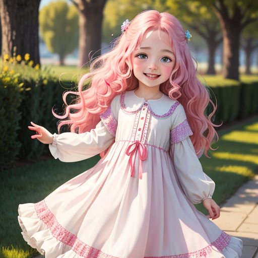 a little girl dressed in a pink dress and pink hair is posing for a picture in a park with trees