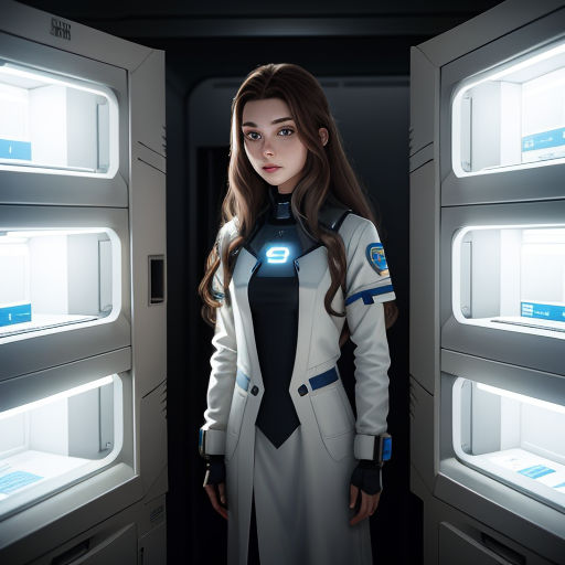 a woman in a white coat standing in a doorway with a light on her head and a light on her chest