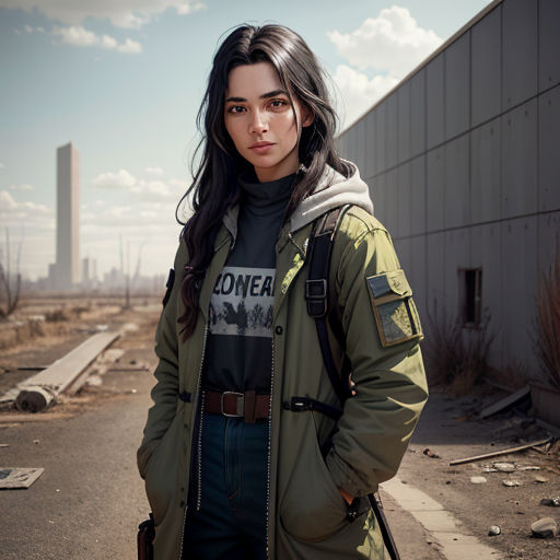 a woman standing in the middle of a road with a backpack on her shoulder and a building in the background
