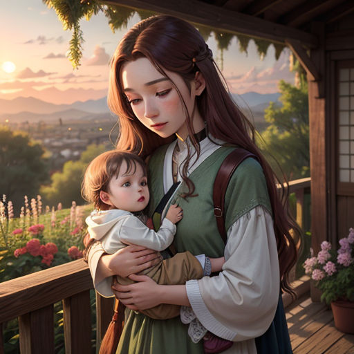a woman holding a baby in her arms on a porch with flowers in the background and a sunset in the sky
