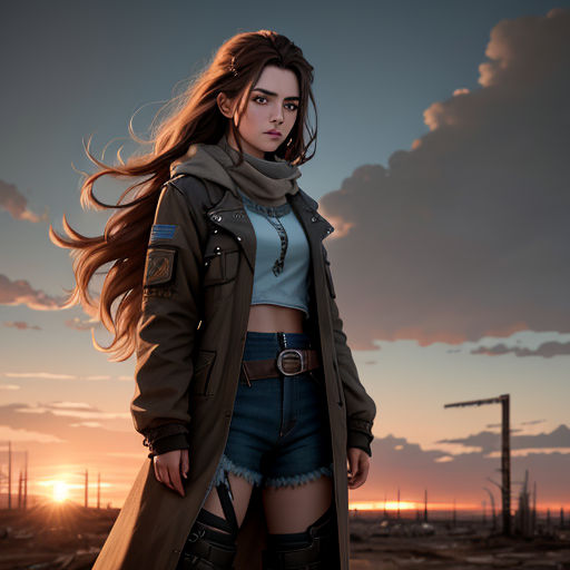 a woman in a jacket and shorts standing in a desert area at sunset with a gun in her hand