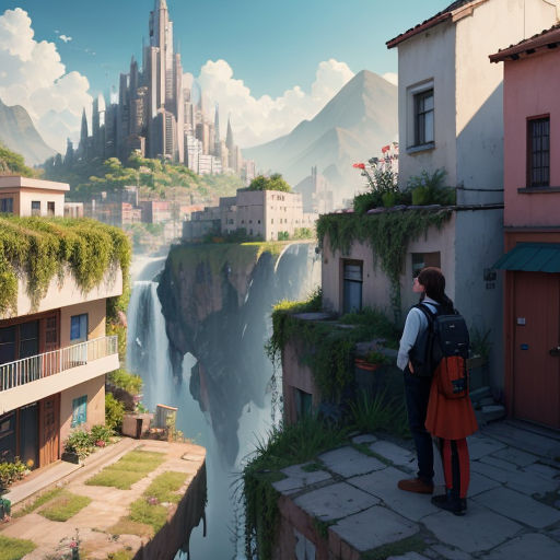 a man standing on a ledge looking at a waterfall in a city with buildings and a waterfall in the background