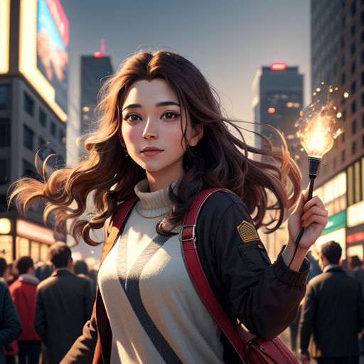 a woman holding a sparkler in a crowded city street with buildings in the background and people walking around