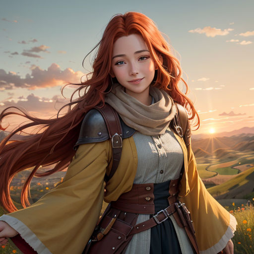 a woman with long red hair and a brown cape on a field of flowers at sunset with a sky background