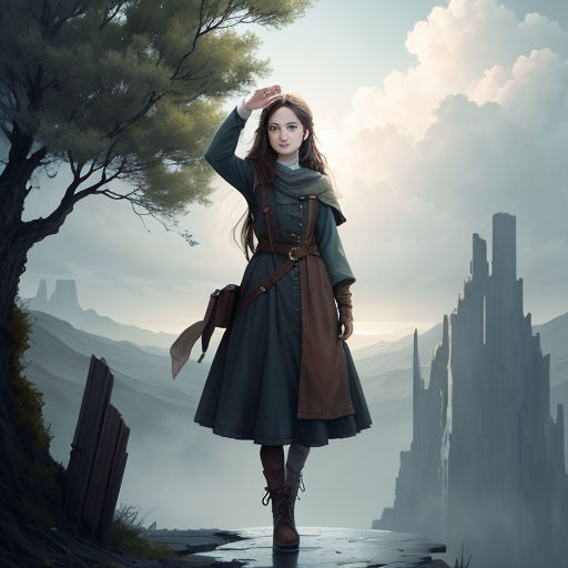 a woman in a green dress standing in a forest with a tree in the background and a castle in the background