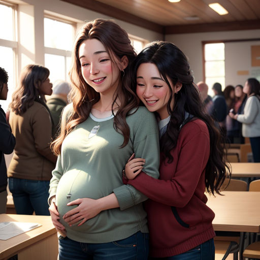 two women hugging each other in a classroom with a lot of people in the background and a table with chairs