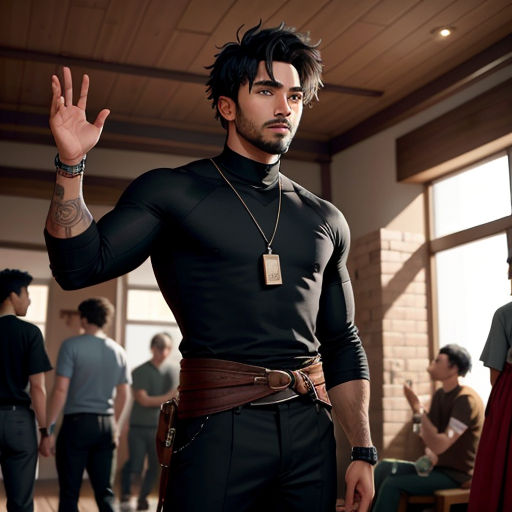 a man in a black shirt and a brown belt is standing in a room with people in the background