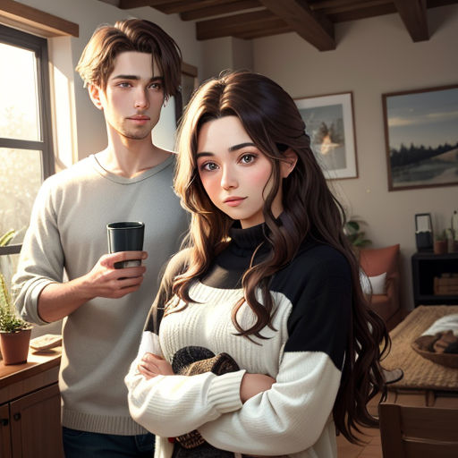 a man and a woman standing in a living room holding a cup of coffee and a plant in their hands