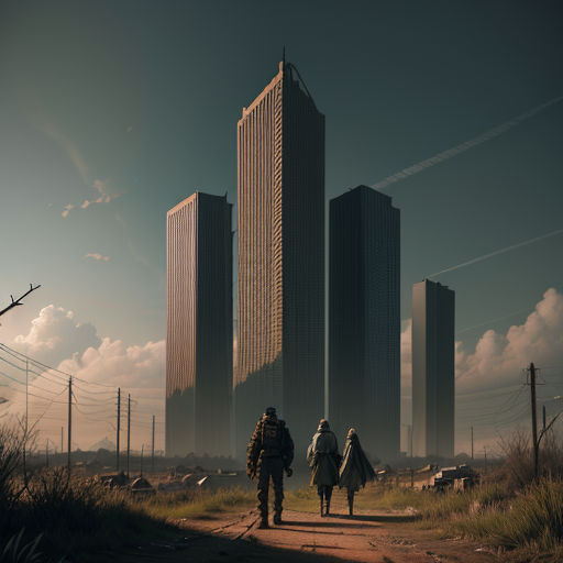 a couple of people walking down a dirt road near tall buildings in the distance with a sky line in the background