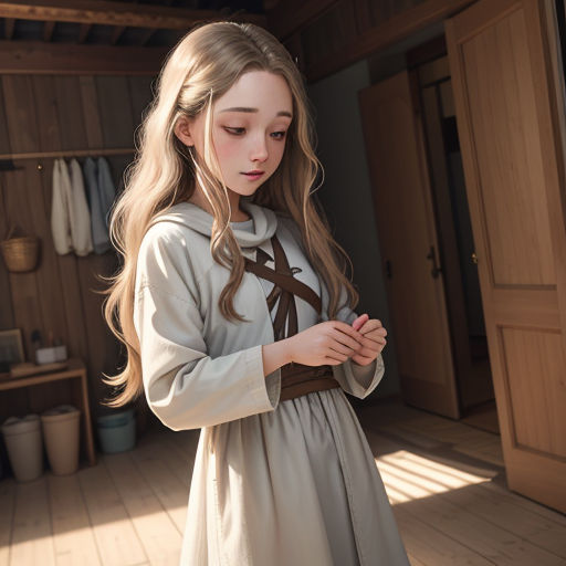 a girl in a white dress is looking at her cell phone in a room with wooden floors and a wooden door