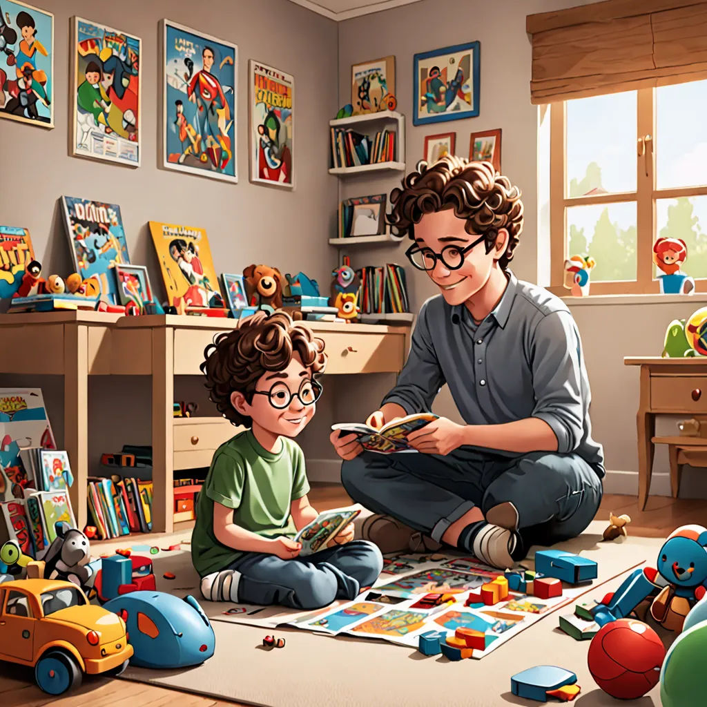 a man and a child are playing with toys in a room with a bookcase and a book shelf, photorealism, a storybook illustration, Diego Gisbert Llorens, art station