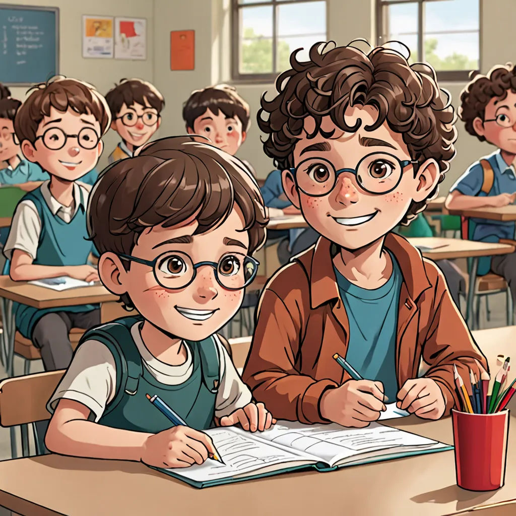 a boy and girl sitting at a desk in a classroom with a book and pencils in front of them, serial art, a comic book panel, Diego Gisbert Llorens, official art
