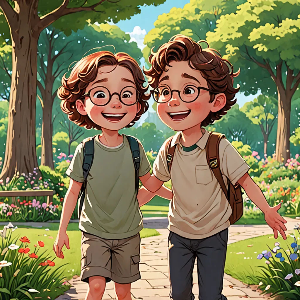 two young boys walking down a path in a park with trees and flowers on either side of them, one holding the hand of the other, serial art, a storybook illustration, Brothers Hildebrandt, official art
