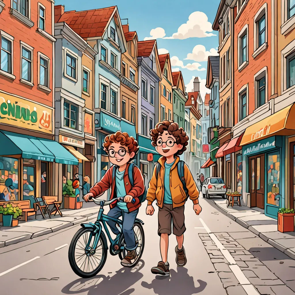 a boy and a girl are walking down the street with a bicycle in front of them and a man on the back of the bike, private press, a storybook illustration, Brothers Hildebrandt, comic cover art