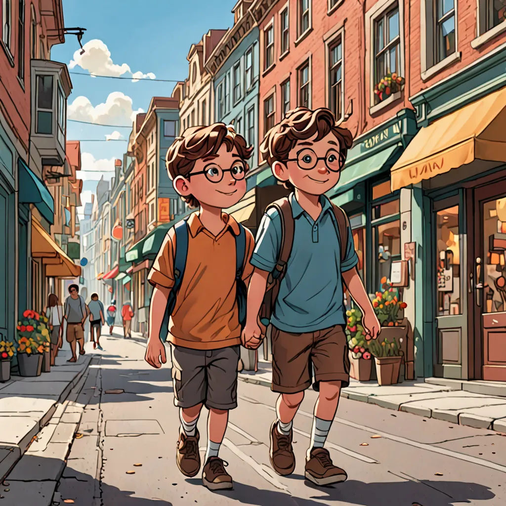two boys walking down a street in a cartoon style with buildings in the background and people walking on the sidewalk, process art, a storybook illustration, Diego Gisbert Llorens, rossdraws global illumination