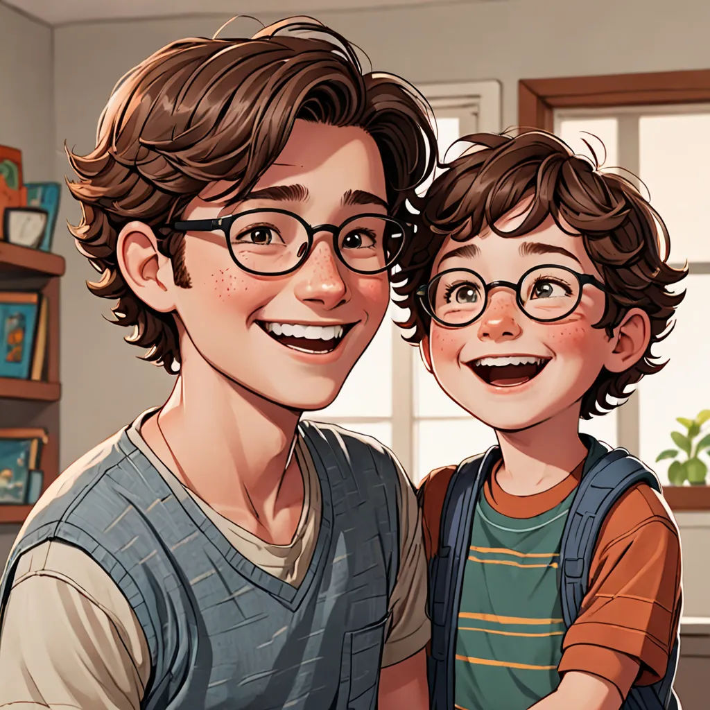 a boy and a boy with glasses are smiling at the camera, while the boy is holding the boy's shoulder, dada, a storybook illustration, Brothers Hildebrandt, official art