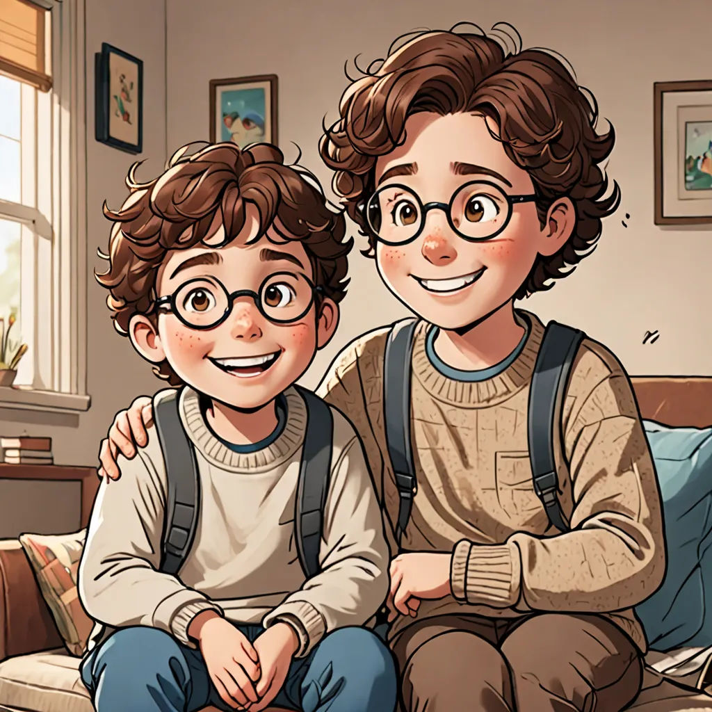 a boy and a boy sitting on a couch in a living room with a window behind them and a cat on the floor, serial art, a comic book panel, Brothers Hildebrandt, comic book