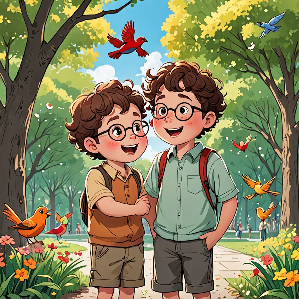 two boys standing in a park with birds flying overhead and trees and flowers around them, with a bird flying overhead, serial art, a storybook illustration, David Park, comic cover art
