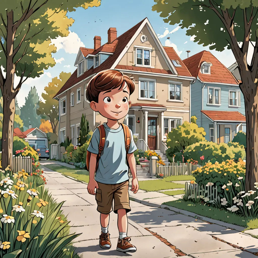 a boy walking down a sidewalk in front of a house with a dog on a leash in front of him, american scene painting, a storybook illustration, Chris LaBrooy, storybook illustration