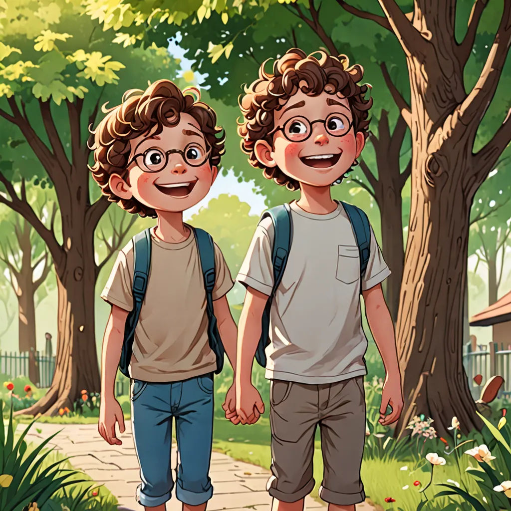 two young boys walking down a path in a park with trees and flowers on either side of them, one boy with a backpack and the other boy with a backpack, serial art, a storybook illustration, Brothers Hildebrandt, official art