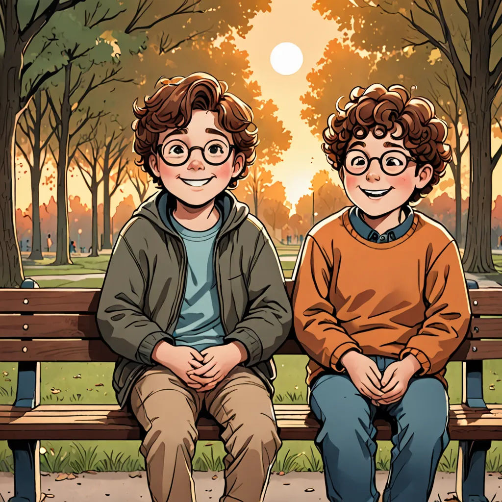 two boys sitting on a bench in a park at sunset or sunrise, with trees and grass in the background, serial art, a comic book panel, Brothers Hildebrandt, comic cover art