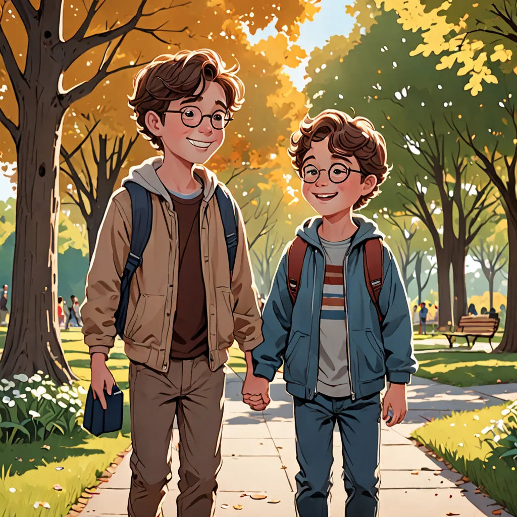 two boys walking down a sidewalk holding hands and smiling at the camera, with trees and grass in the background, vancouver school, a comic book panel, Brothers Hildebrandt, official art
