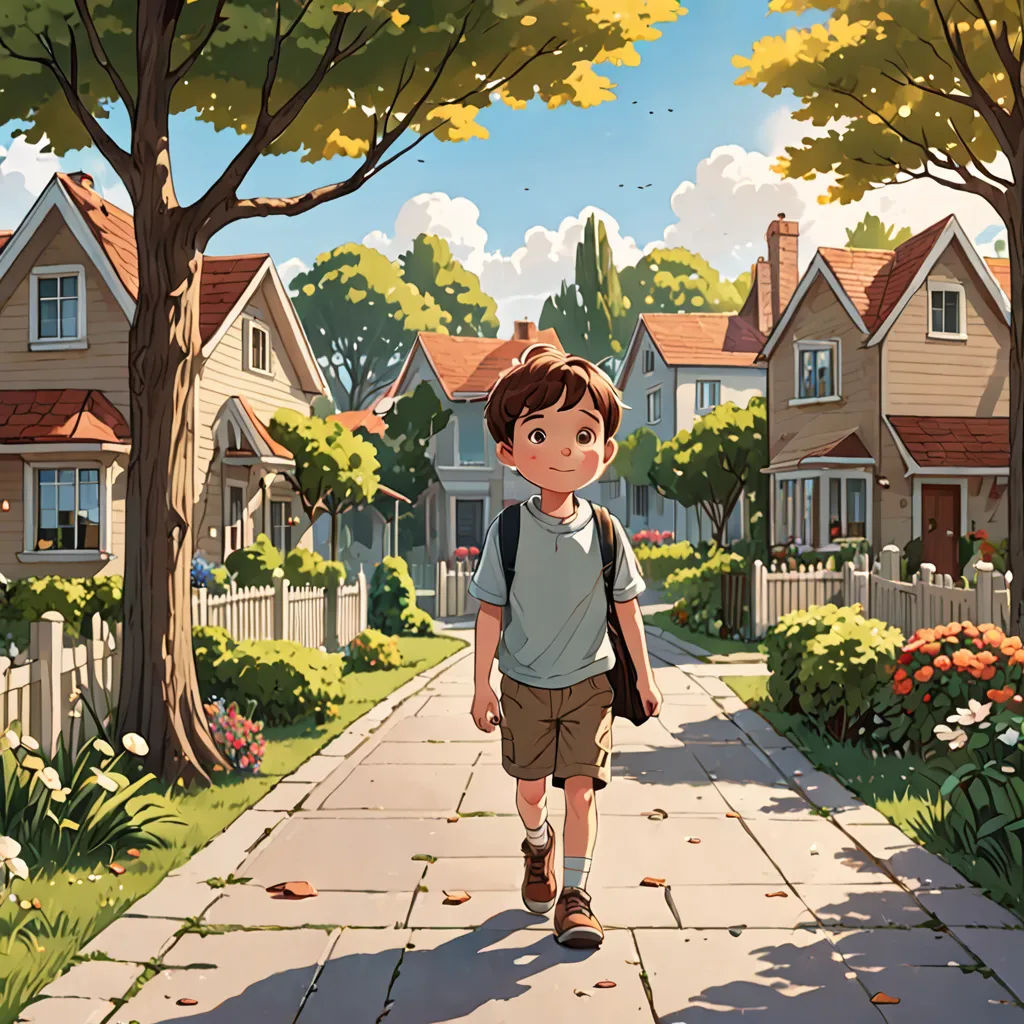 a boy walking down a sidewalk in front of a house with a tree and flowers on the sidewalk and a fence, american scene painting, a storybook illustration, Aaron Jasinski, rossdraws global illumination