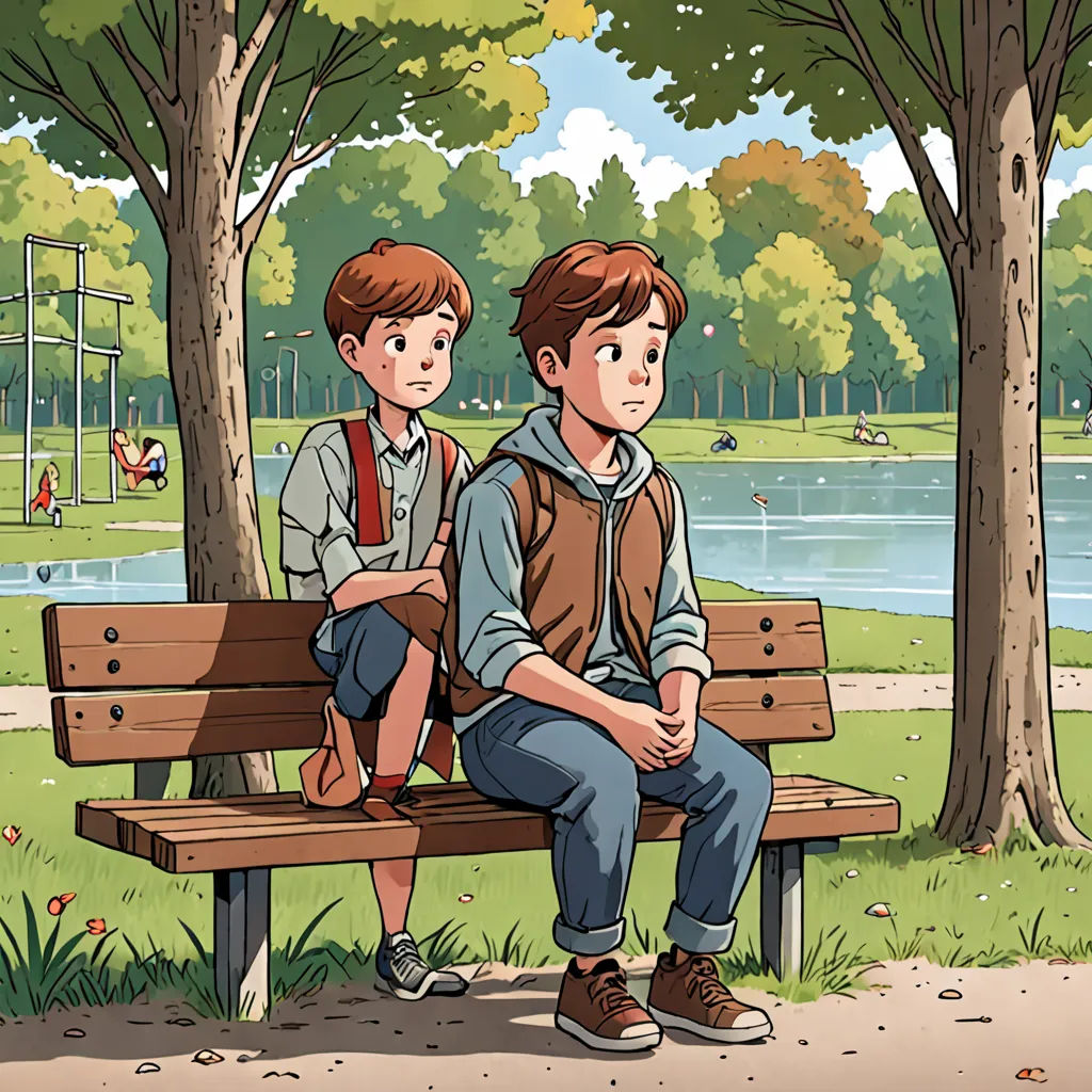 a boy and a boy sitting on a bench in a park by a lake with a playground in the background, les automatistes, a storybook illustration, Diego Gisbert Llorens, comic cover art