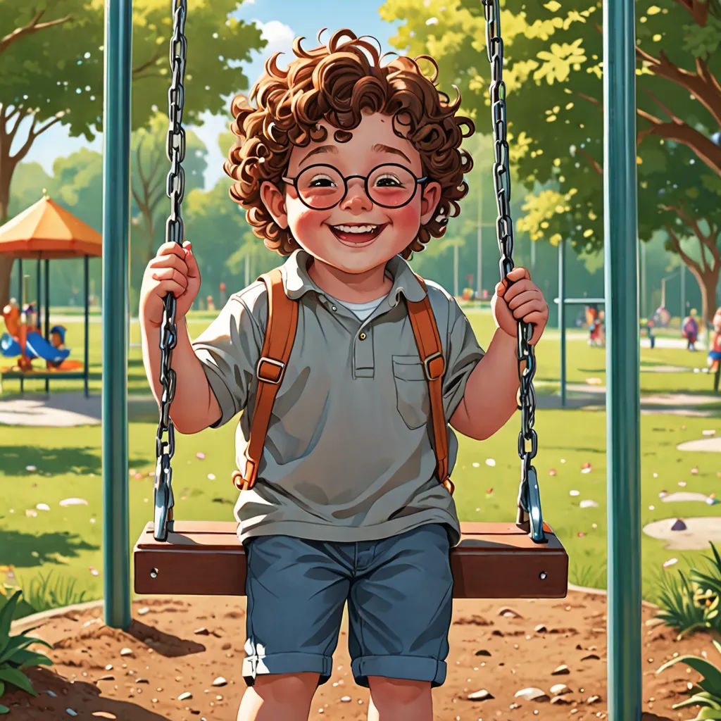 a boy with glasses on a swing in a park with a playground in the background and a playground with swings, american scene painting, a storybook illustration, Aaron Jasinski, highly detailed digital painting