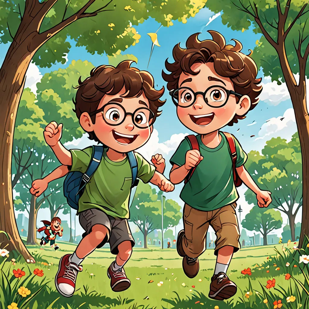 two young boys running through a park with trees and flowers on the ground, one of them is holding the other's hand, lyco art, a storybook illustration, Diego Gisbert Llorens, comic cover art