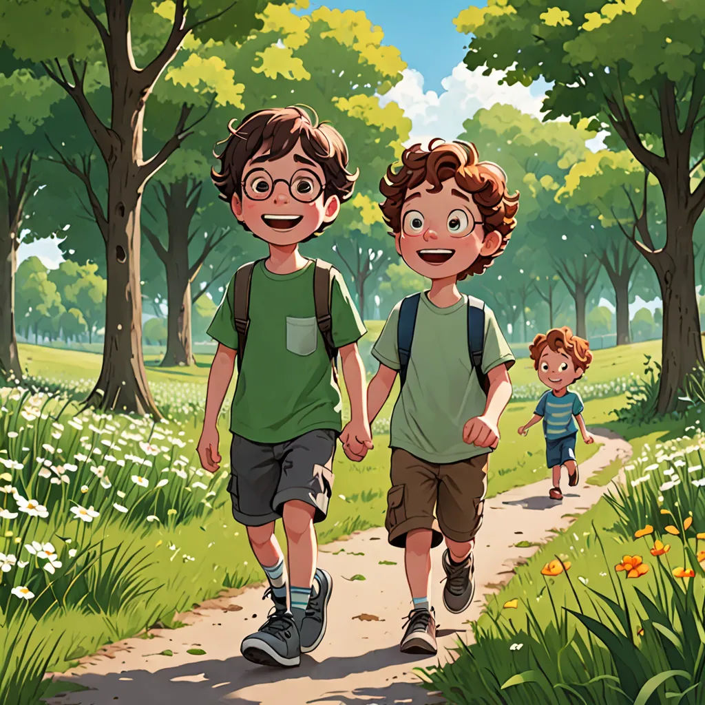 two boys walking down a path in a park with trees and flowers on either side of them, with a boy in the middle of the picture, paris school, a storybook illustration, Brothers Hildebrandt, official art