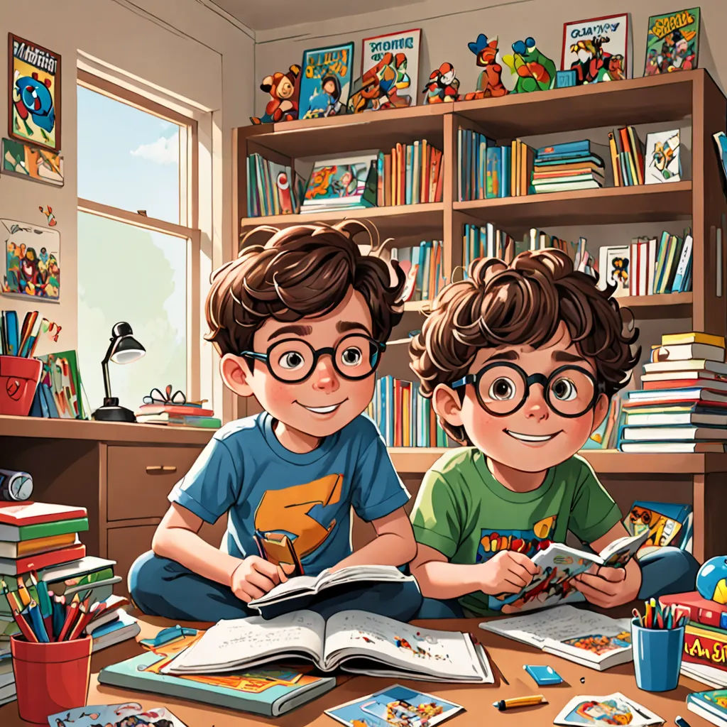 two children sitting at a table with books and a cup of coffee in front of them, reading a book, lyco art, a storybook illustration, Diego Gisbert Llorens, josan gonzales and dan mumford