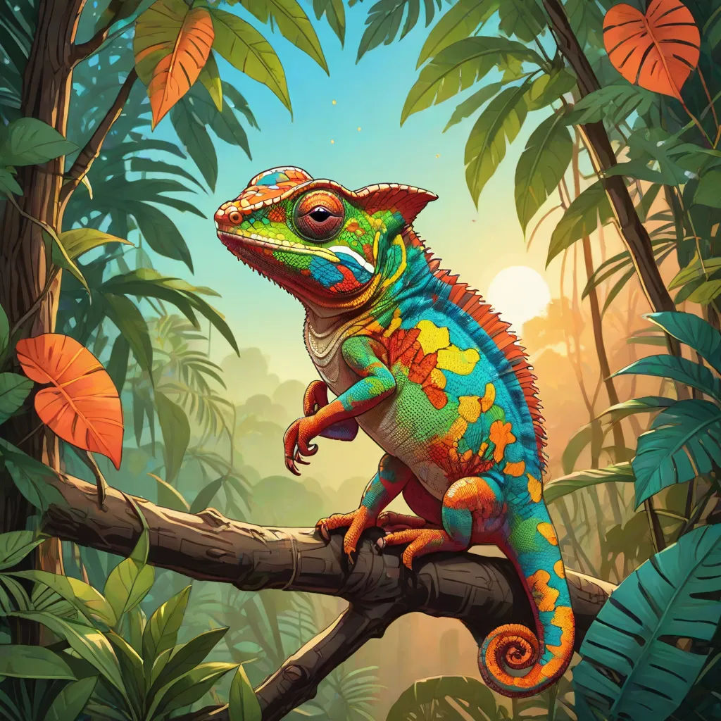 a colorful lizard sitting on a tree branch in a jungle setting with leaves and foliage around it, with a bright sun shining through the trees, altermodern, a digital painting, Chris LaBrooy, affinity photo